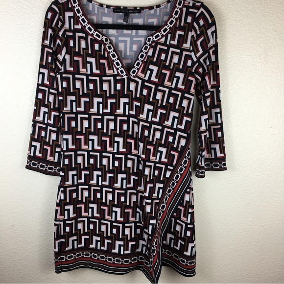 White House Black Market WHBM Tunic Dress Black Red Cream Geo 3/4 Sleeve XS - Picture 1 of 12